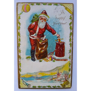 Santa Claus Father New Years Christmas Postcard Standing On Roof Toys Embossed